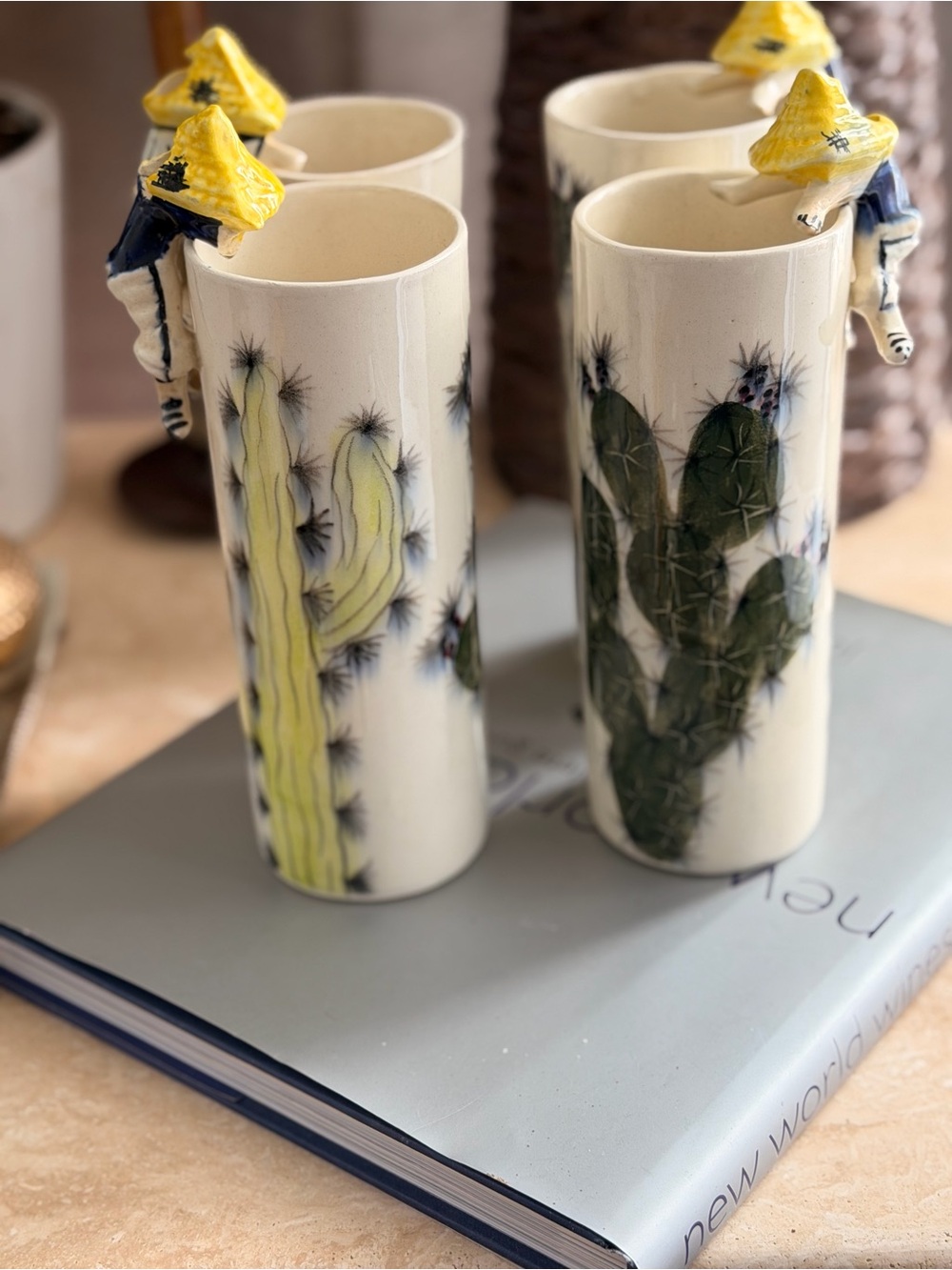 Ceramic Cactus-Decor Glasses with Yellow Figurine Accent